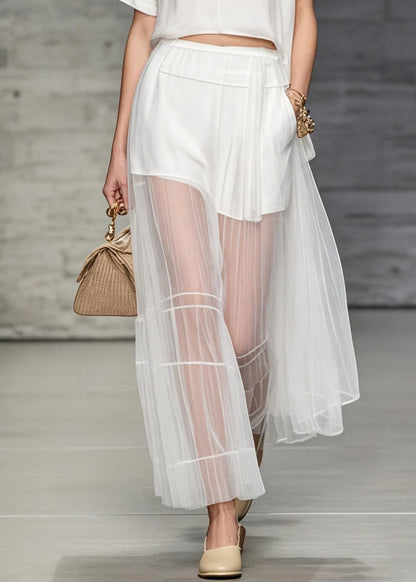 White O Neck T Shirt and Skirts Tulle Patchwork Two Pieces Set Summer