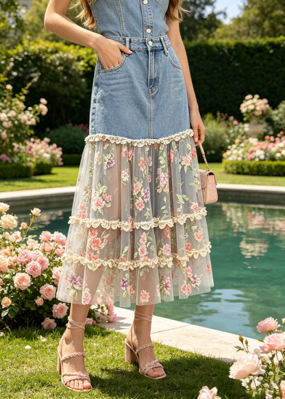 Fine Denim Blue Patchwork Tulle Print Holiday Skirts Fall