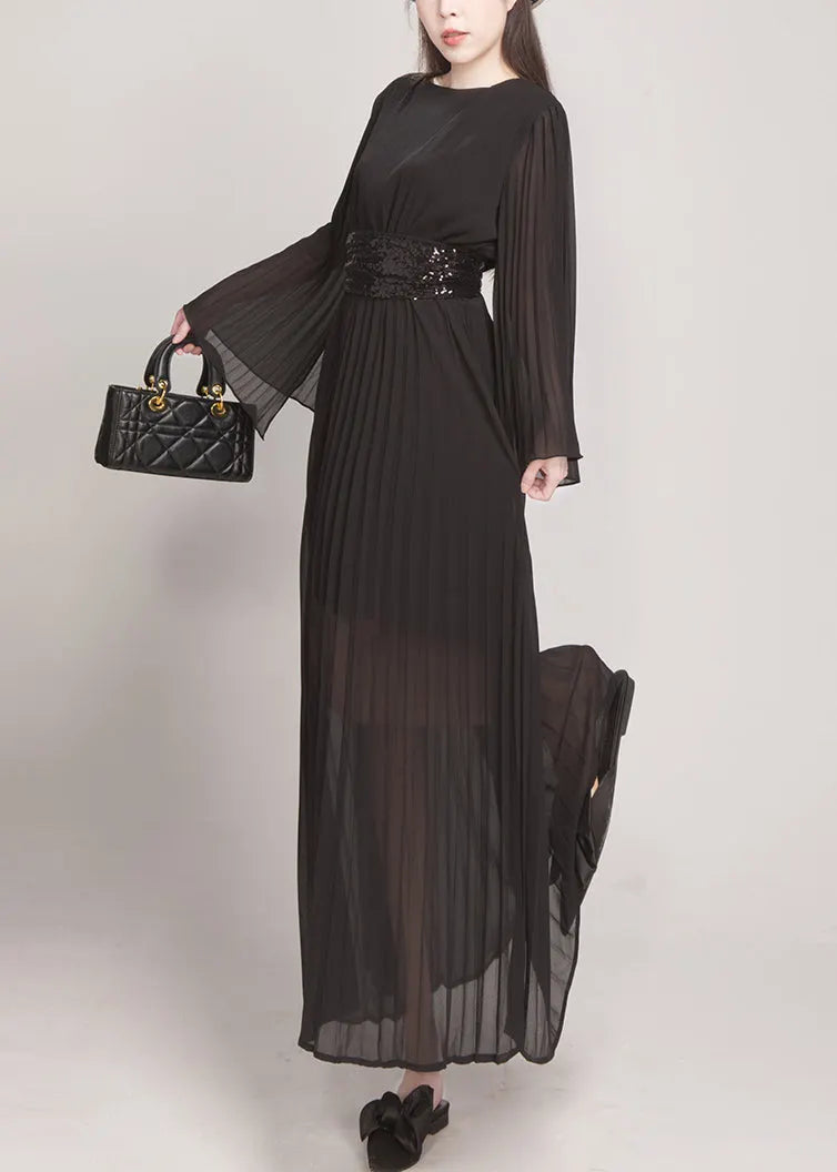 Rose Wrinkled Tie Waist Chiffon Maxi Dresses Flare Sleeve