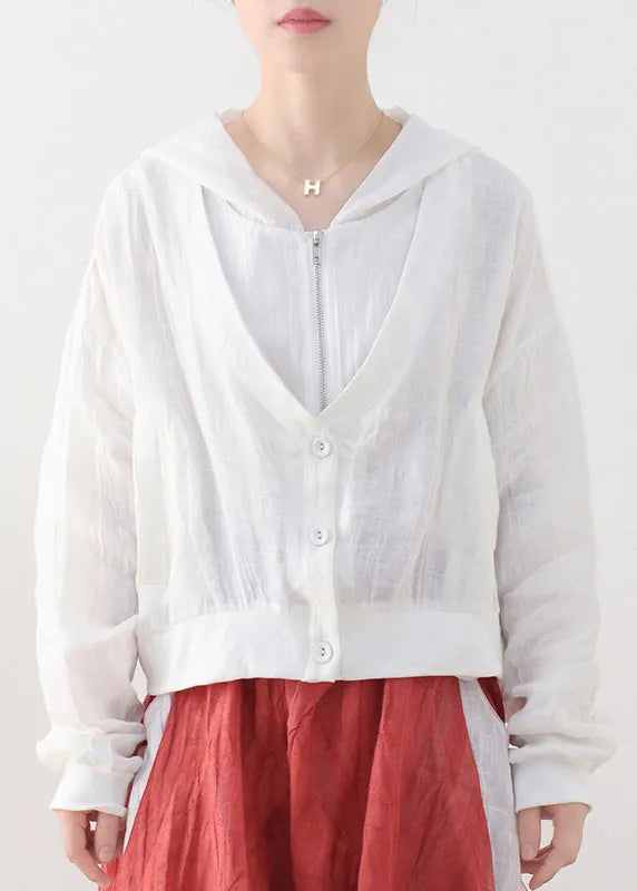 White Linen Fake Two Piece Coats Zip Up Batwing Sleeve