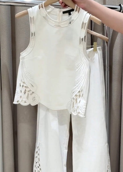 New White Zippered Hollow Out Cotton Two Pieces Set Sleeveless