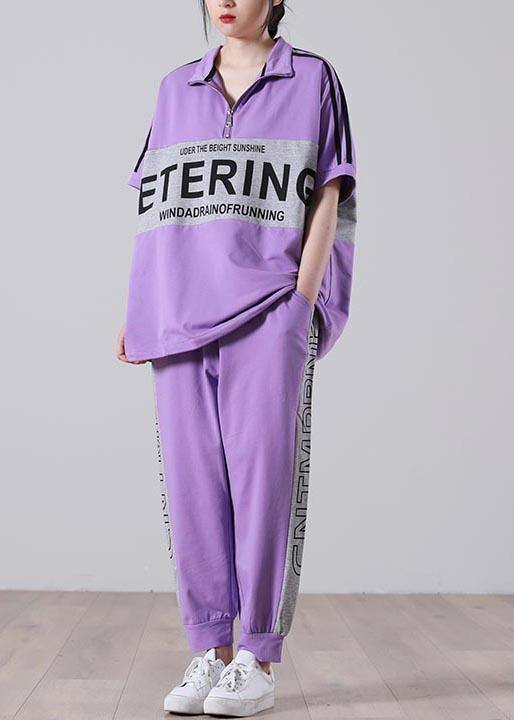 Natural Light Purple Graphic Zippered Two Pieces Set Summer Cotton