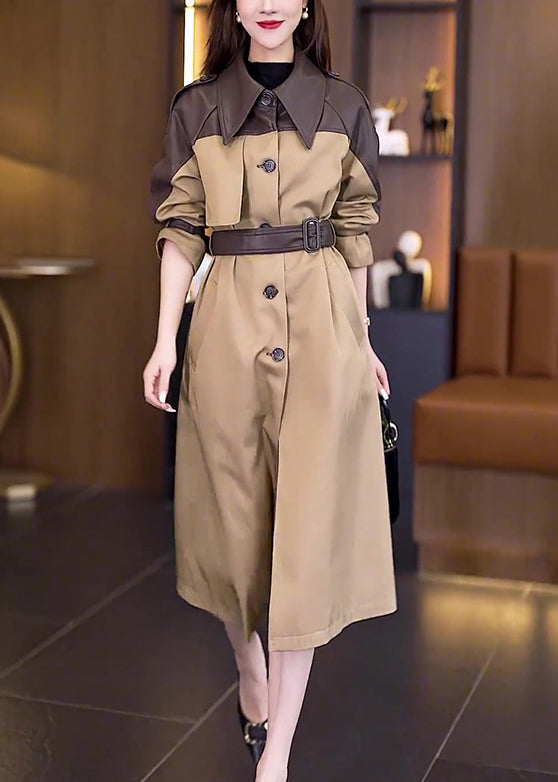 New Khaki Button Tie Waist Patchwork Cotton Long Trench Coat Spring