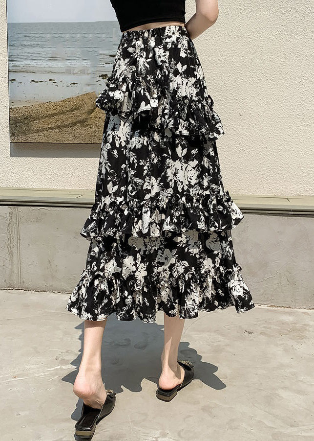 Black Ruffled Print Side Open Chiffon Skirts Spring