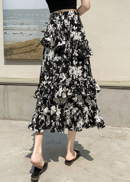 Black Ruffled Print Side Open Chiffon Skirts Spring