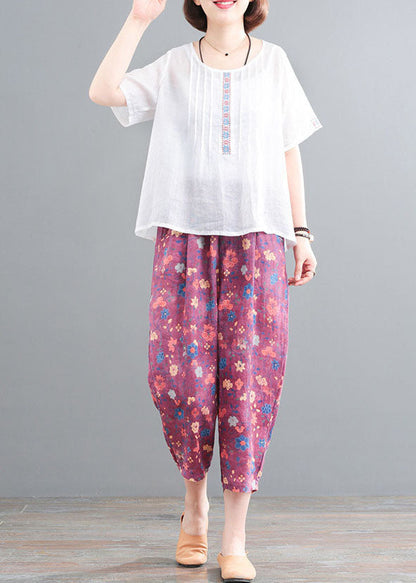 Handmade White Embroideried Print Linen Sets Two Pieces Summer