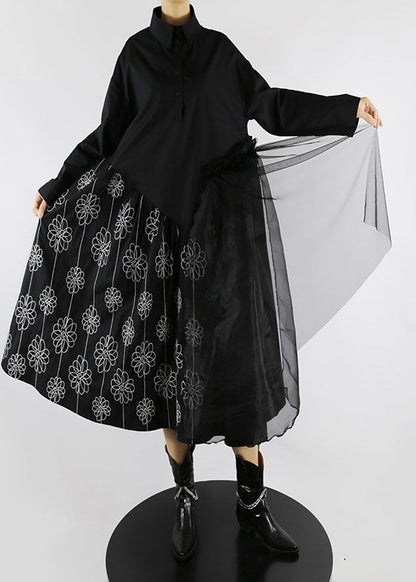Black Peter Pan Collar Print Tulle Patchwork Shirt Dresses Spring