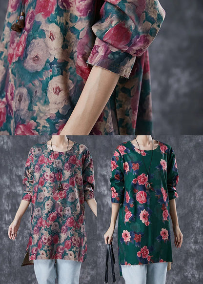 Red Print Side Open Linen Mini Dresses Fall