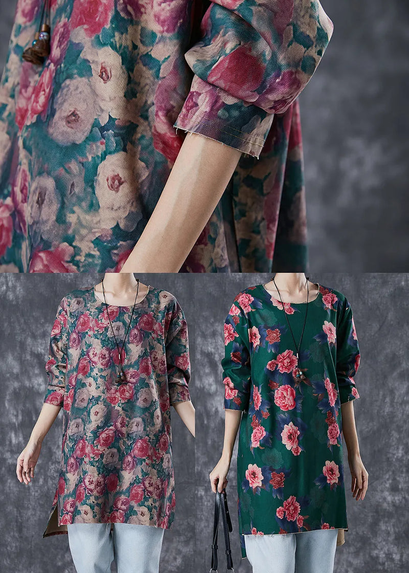Red Print Side Open Linen Mini Dresses Fall