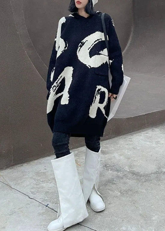 Black Hooded Print Knit Sweater Dress Spring