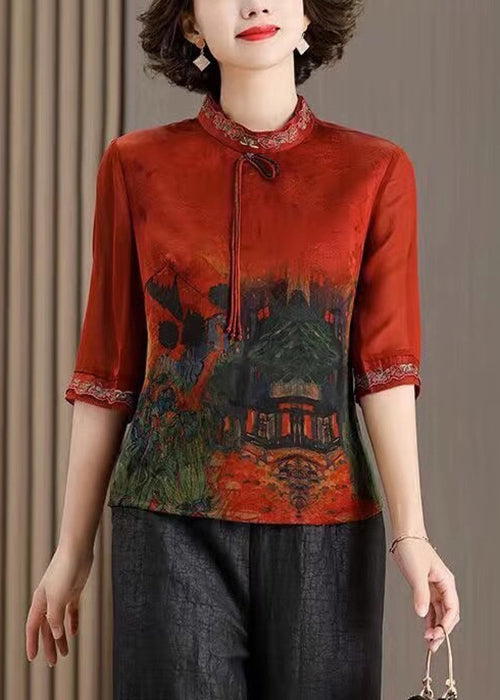Green Tasseled Print Patchwork Silk Tops Half Sleeve