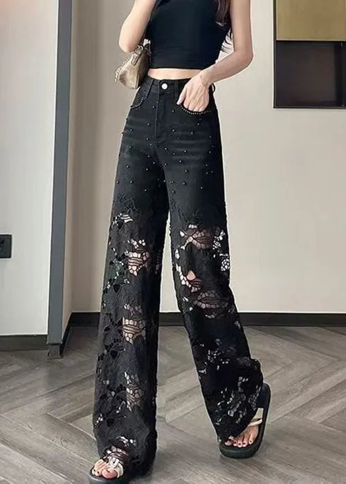 Modern Black Hollow Out Nail Bead Denim Pants Summer
