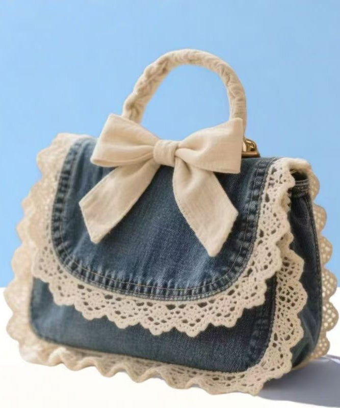 Denim Blue Patchwork Lace Bow Tote Handbag