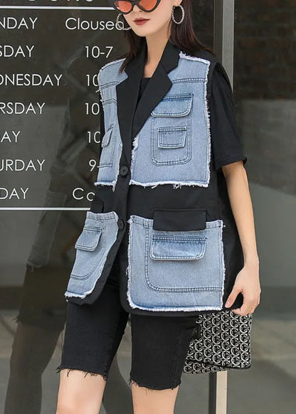 Black Patchwork Button Pockets Fall Sleeveless Waistcoat