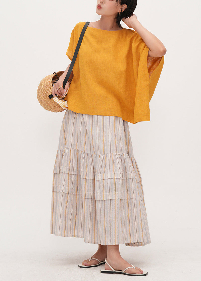Apricot Striped Patchwork Cotton Skirt Summer