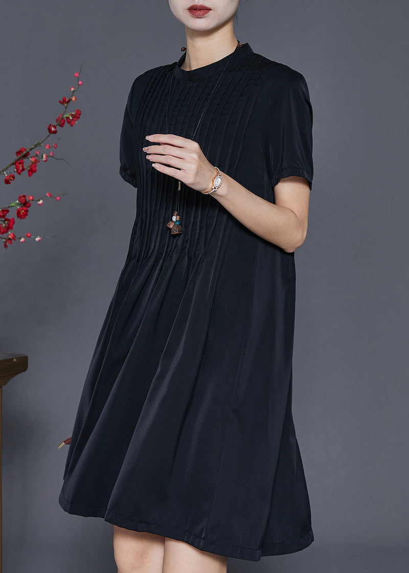 Black Stand Collar Wrinkled Cotton Dress Summer