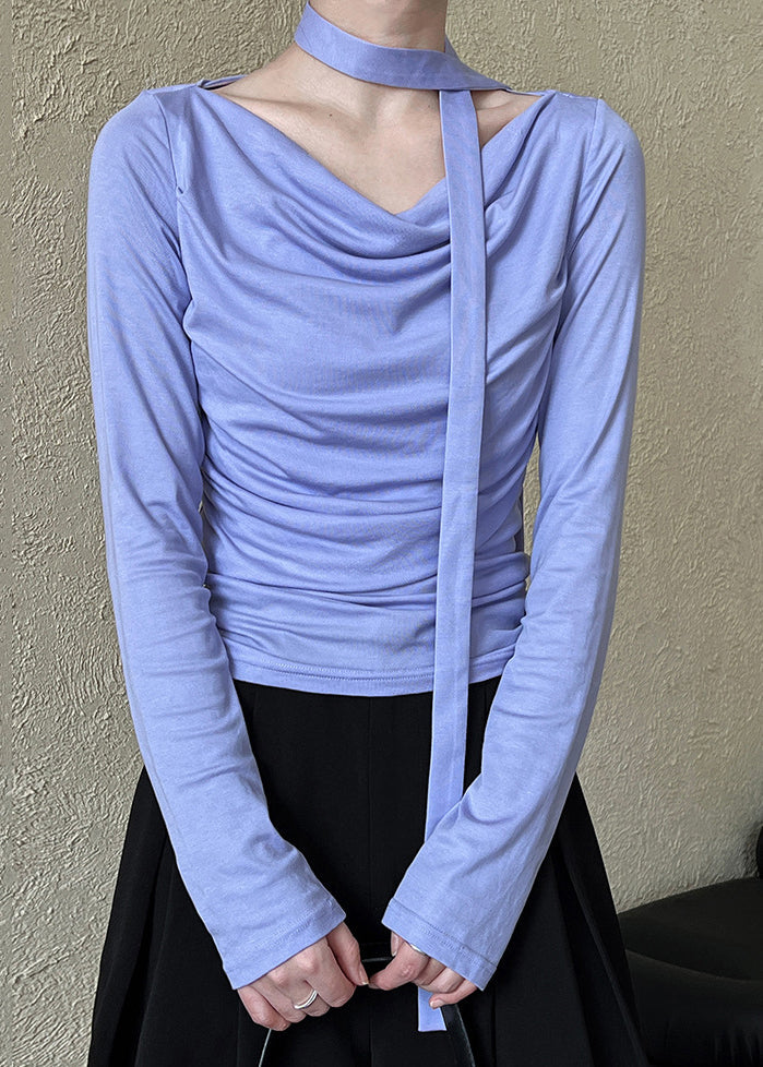 French Purple Wrinkled Slim Fit Cotton Top Long Sleeve