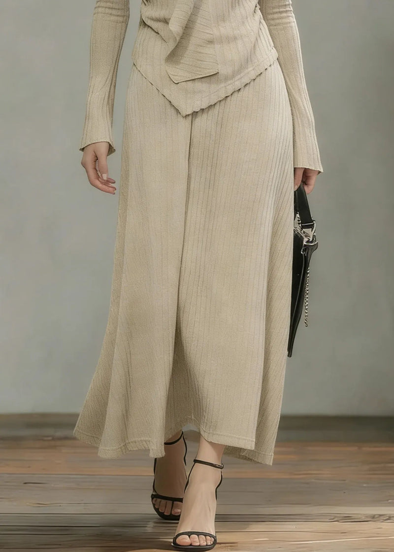 Art Khaki Asymmetrical Tops and Skirts Knit Two Pieces Set Spring