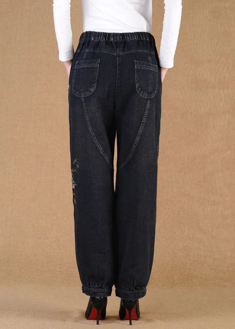 Black Grey Elastic Waist Embroideried Pockets Cotton Denim Lantern Pants Summer