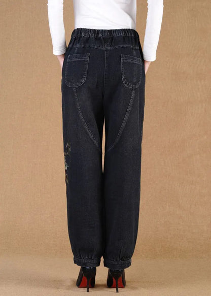 Black Grey Elastic Waist Embroideried Pockets Cotton Denim Lantern Pants Summer