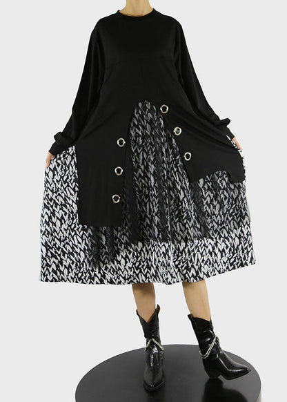 Italian Black O-neck Side Open Tulle Patchwork Dress Spring