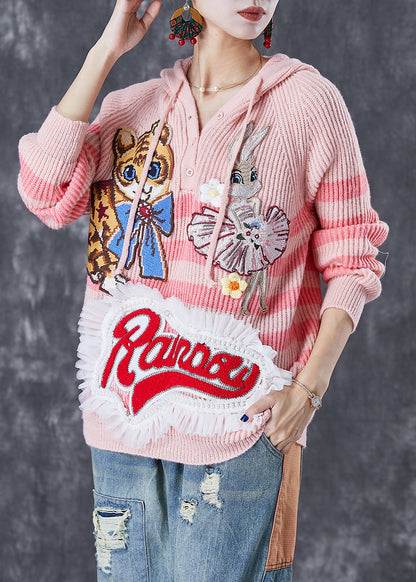 Pink Animal Embroideried Patchwork Knit Pullover Tops Fall