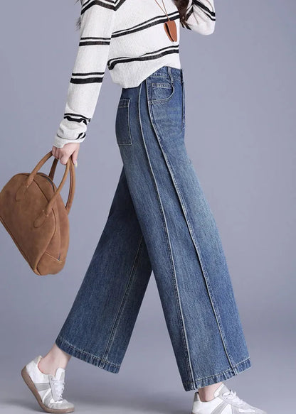 New Blue Pockets Patchwork Denim Crop Pants Spring