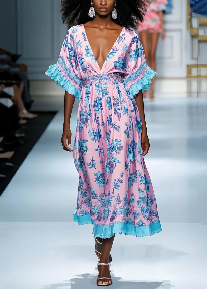 Style Pink Deep-v Neck Print Silk Dress Summer