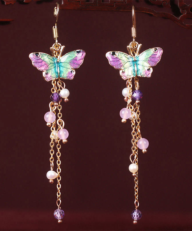 Pink Sterling Silver Pearl Chalcedony Butterfly Tassel Drop Earrings