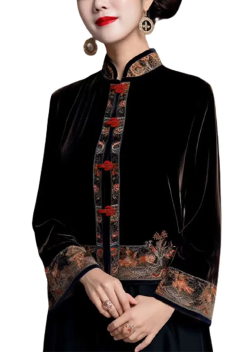 Classy Black Stand Collar Embroideried Silk Velour Coats Fall