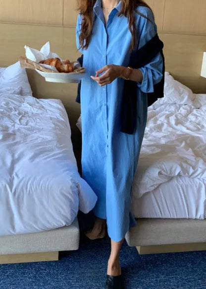 Modern Blue Tie Waist Side Open Cotton Dress Spring