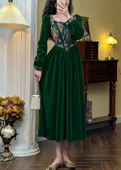 Green Jacquard Ruffled Silk Velour Long Dresses Spring