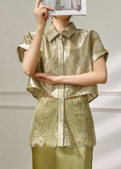 Original Design Green Peter Pan Collar Lace Patchwork Fake Two-piece Shirts Summer
