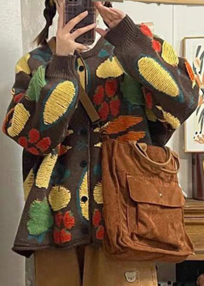 Apricot O Neck Jacquard Loose Knit Cardigan Spring