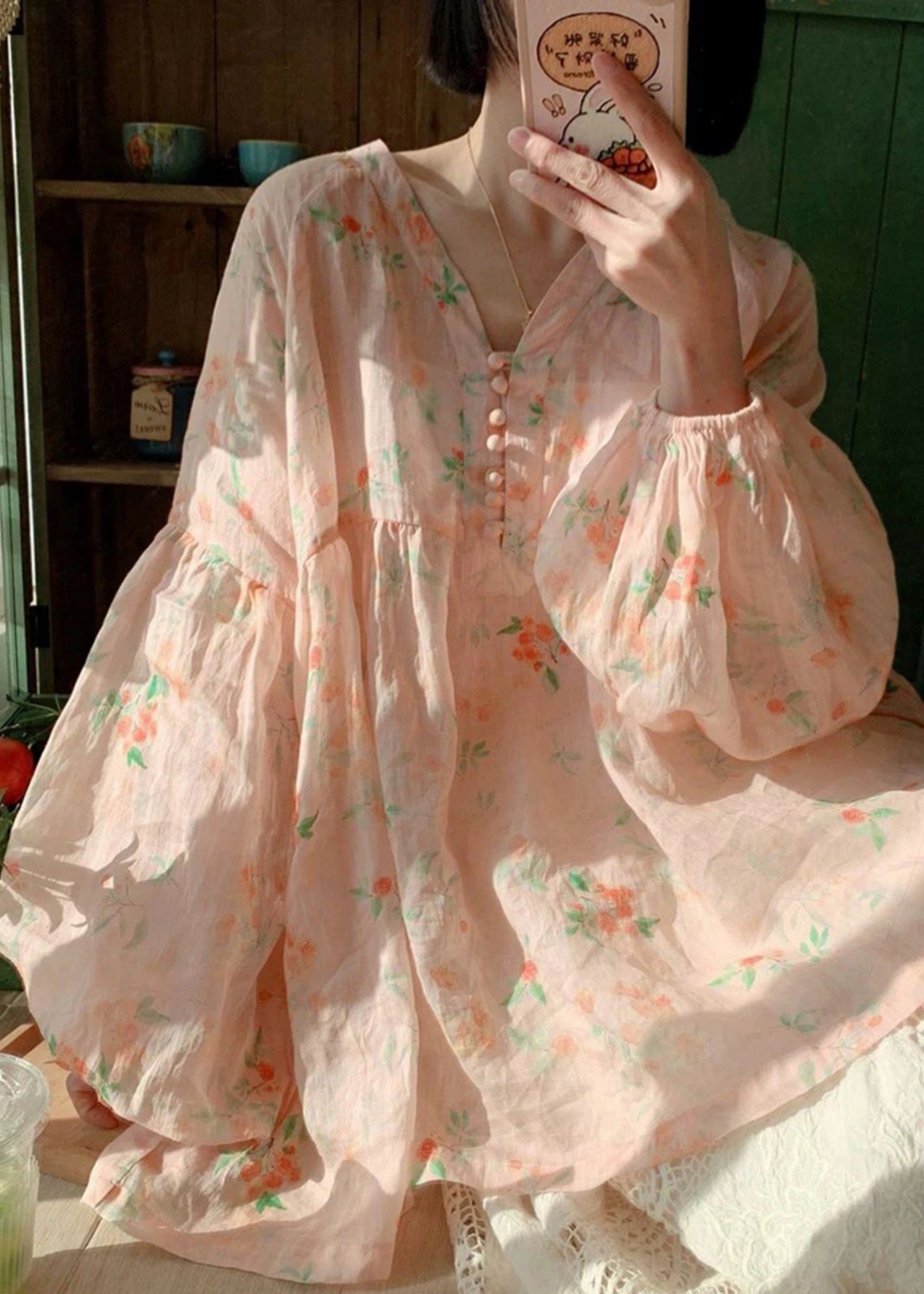 Pink V Neck Button Print Patchwork Cotton Top Lantern Sleeve