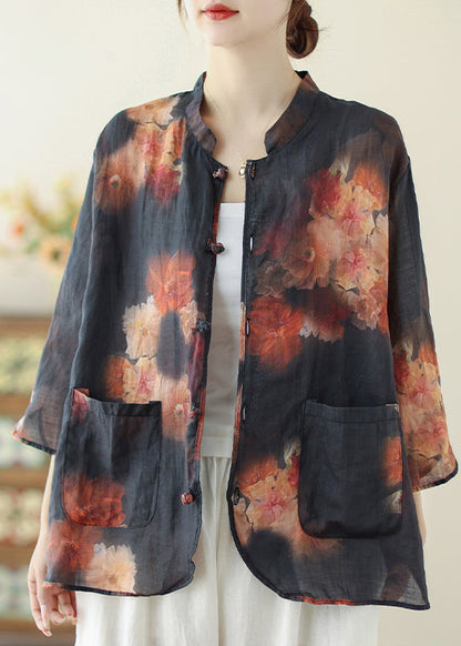 Black Mandarin Collar Print Linen Tops Spring