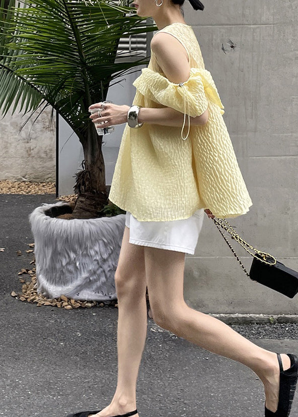 Yellow Drawstring Off the Shoulder Silk Shirt Top Summer