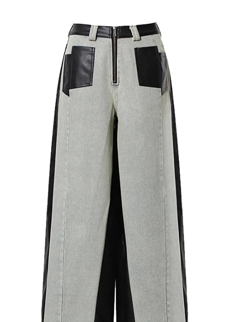 Pockets Faux Leather Patchwork Denim Wide Leg Pants Fall