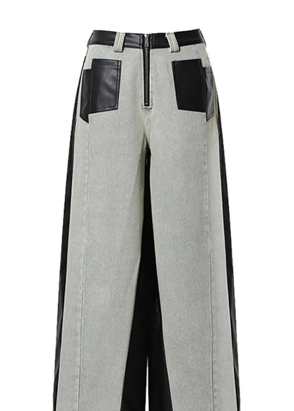 Pockets Faux Leather Patchwork Denim Wide Leg Pants Fall
