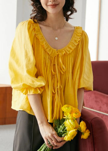 Natural Pink O-neck Ruffled Patchwork Tie Waist Ramie Shirts Fall