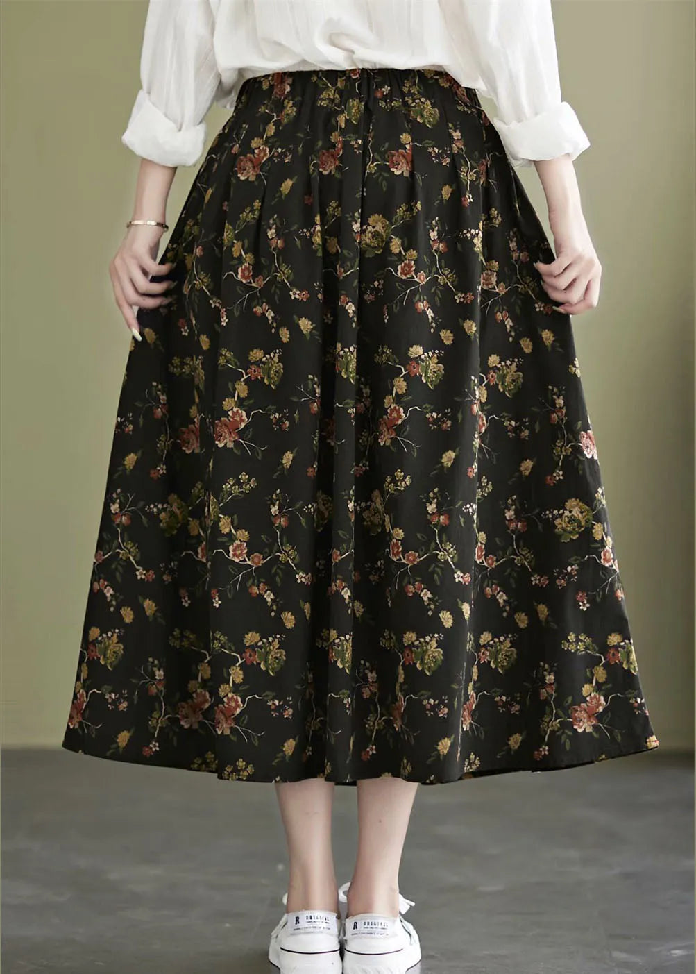Black Print Cotton a Line Skirt Exra Large Hem Pockets Fall