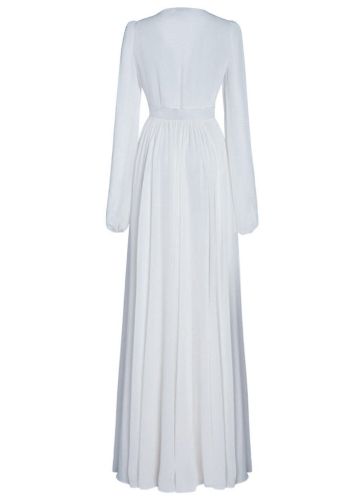 White V Neck High Waist Chiffon Holiday Dress Fall