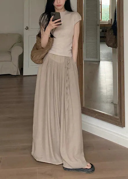 Khaki Silm Fit Tops and Wide Leg Pants Two Pieces Set Summer