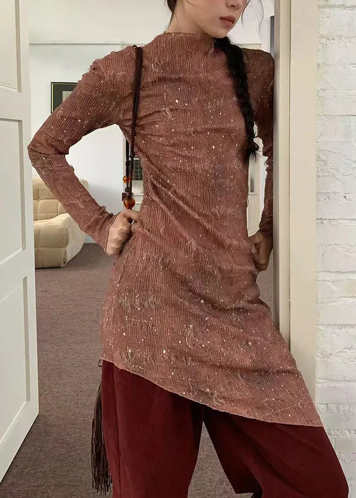 Stylish Pink Asymmetrical Design Slim Fit Wrinkled Dress Fall