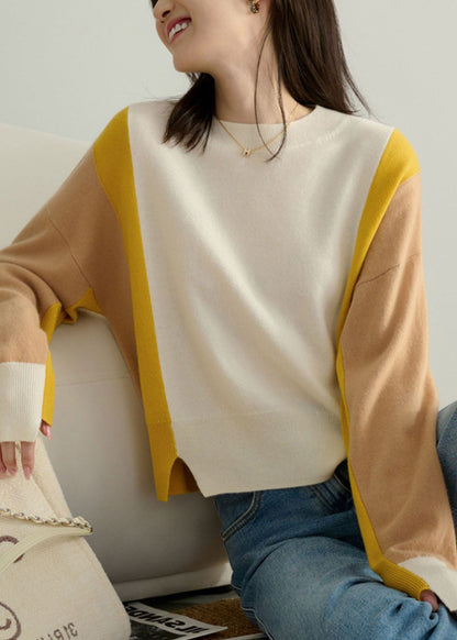 Colorblock O-neck Patchwork Side Open Cashmere Sweater Spring