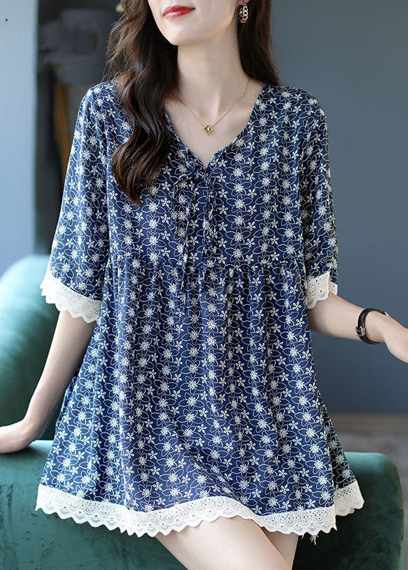 Blue V Neck Lace Patchwork Print Chiffon Top Half Sleeve