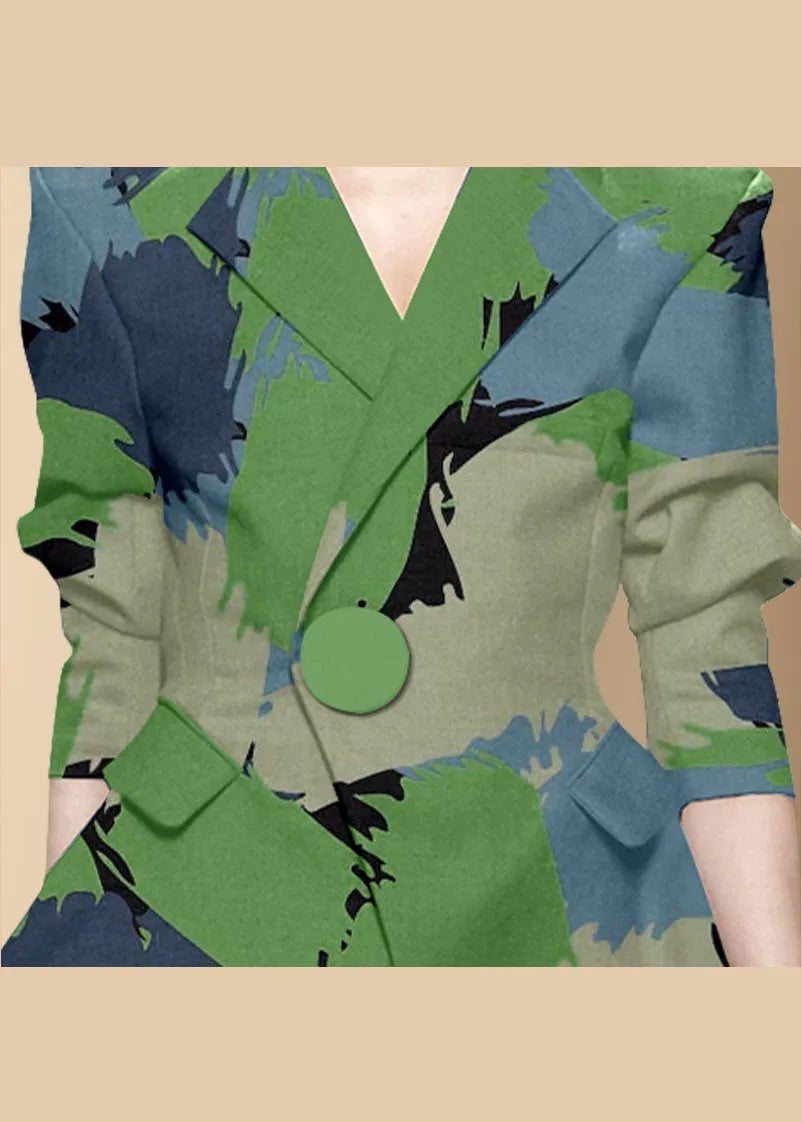 Green Button Peter Pan Collar Print Western-style Clothes Coat Long Sleeve