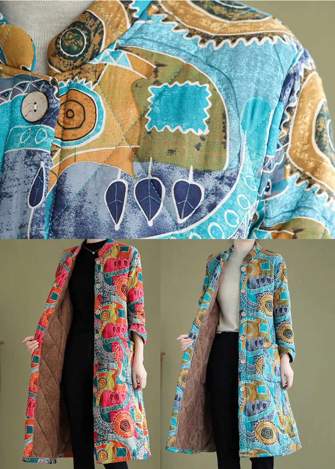 Blue Print Fine Cotton Filled Warm Fleece Witner Coat