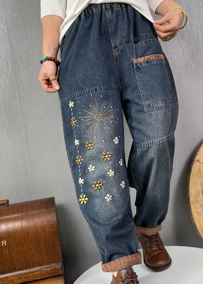 Blue Embroideried Pockets Denim Pants Spring
