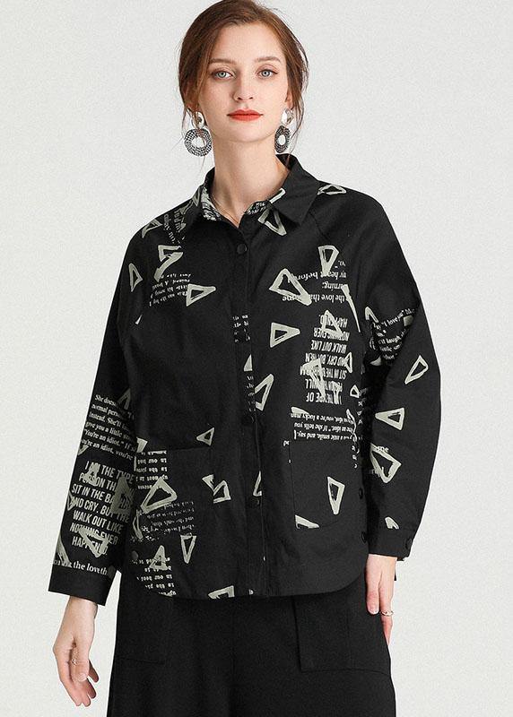 Black Peterpan Collar Pockets Fall Cotton Shirt Tops Long Sleeve